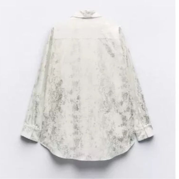 Zara Brushed Silver Metallic Foil White Cotton Button-Up Blouse | S | NWT - Picture 6 of 12